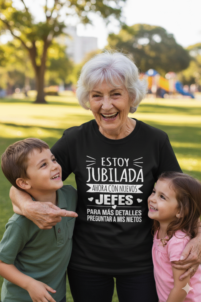 Mujer jubilada sonriente abrazando a sus nietos en el parque, lleva camiseta negra con frase Estoy jubilada ahora con nuevos jefes, regalos divertidos para jubilados