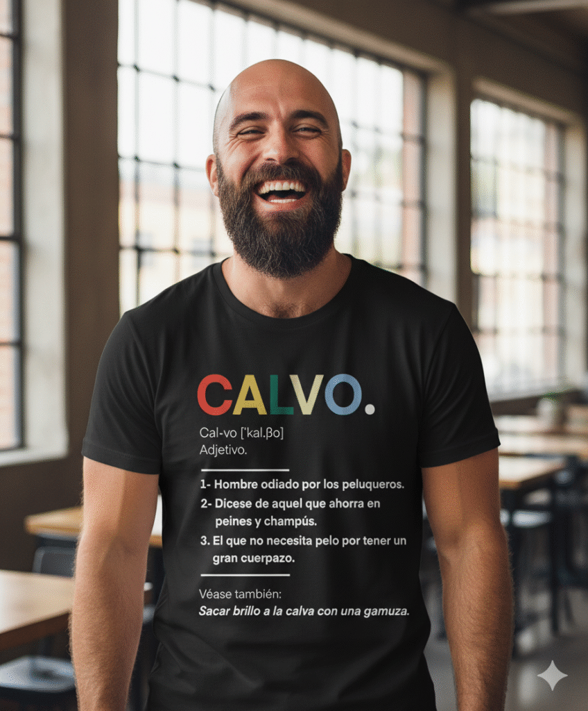 Hombre calvo con barba sonriendo en la ciudad mientras luce una camiseta divertida con la definición humorística de “CALVO”.