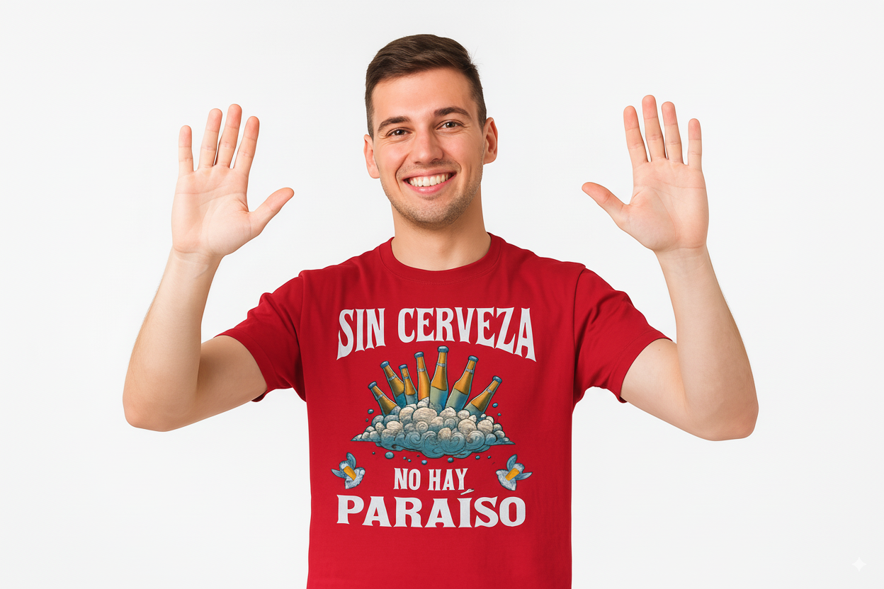 Joven sonriente con camiseta roja divertida “Sin cerveza no hay paraíso”, levantando las manos y mirando a cámara. Diseño ideal como regalo original para amantes de la cerveza.