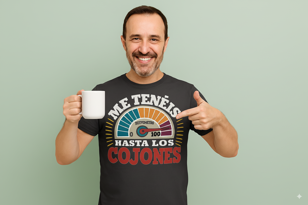 Hombre sonriente con camiseta negra divertida “Me tenéis hasta los cojones” y diseño de huevómetro al 100, señalando el estampado mientras sostiene una taza. Ideal como regalo original con humor para adultos.