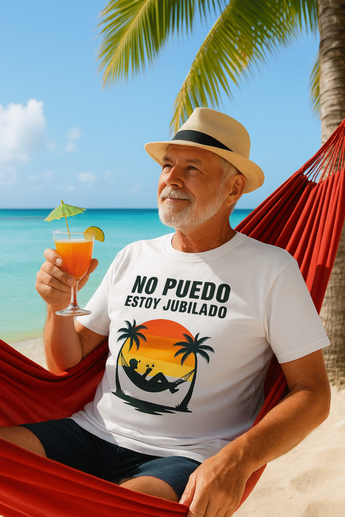 Hombre jubilado en hamaca frente al mar con sombrero y cóctel, lleva camiseta blanca con diseño No puedo estoy jubilado, regalos divertidos para jubilados