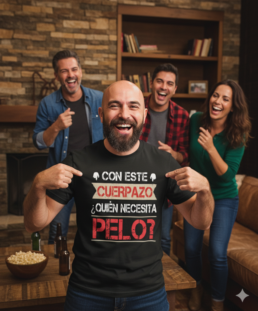 Fotografía de un grupo de amigos de unos 50 años riendo y pasándolo bien. Un hombre calvo con barba está en primer plano, sonriendo y señalando su camiseta negra con el diseño "CON ESTE CUERPAZO ¿QUIÉN NECESITA PELO?". Los otros amigos, también sonrientes, están en el fondo. La escena tiene lugar en un salón acogedor.