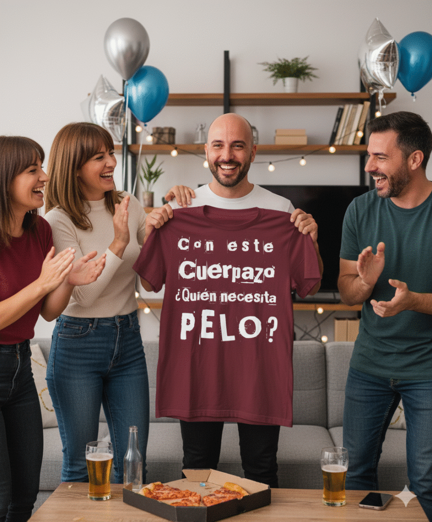Amigos de unos 40 años riendo y aplaudiendo mientras regalan una camiseta granate con la frase "Con este cuerpazo, ¿quién necesita pelo?" a un amigo calvo. La escena transcurre en una celebración con globos, pizza y cerveza, mostrando un ambiente de alegría y camaradería.