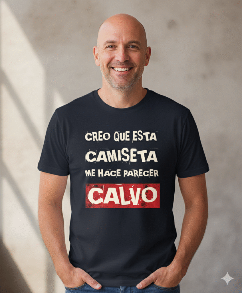 Primer plano de un hombre calvo de unos 40 años, sonriendo ampliamente a la cámara. Lleva una camiseta azul oscuro con el diseño "CREO QUE ESTA CAMISETA ME HACE PARECER CALVO" en letras blancas y rojas. Tiene las manos metidas en los bolsillos, y es un plano medio que llena el encuadre. El fondo es una pared de hormigón lisa y clara.