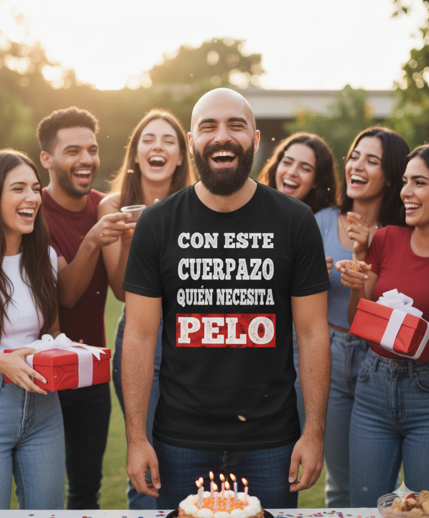 Un hombre calvo y con barba, sonriendo ampliamente, celebra su cumpleaños al aire libre, posiblemente en un jardín, rodeado de sus amigos. Lleva una camiseta negra que dice "CON ESTE CUERPAZO QUIÉN NECESITA PELO". Sus amigos, que también sonríen y parecen estar disfrutando, sostienen regalos envueltos en rojo. En primer plano, sobre una mesa, se ve una tarta de cumpleaños con velas encendidas. El ambiente es festivo y alegre, con luz cálida del atardecer.