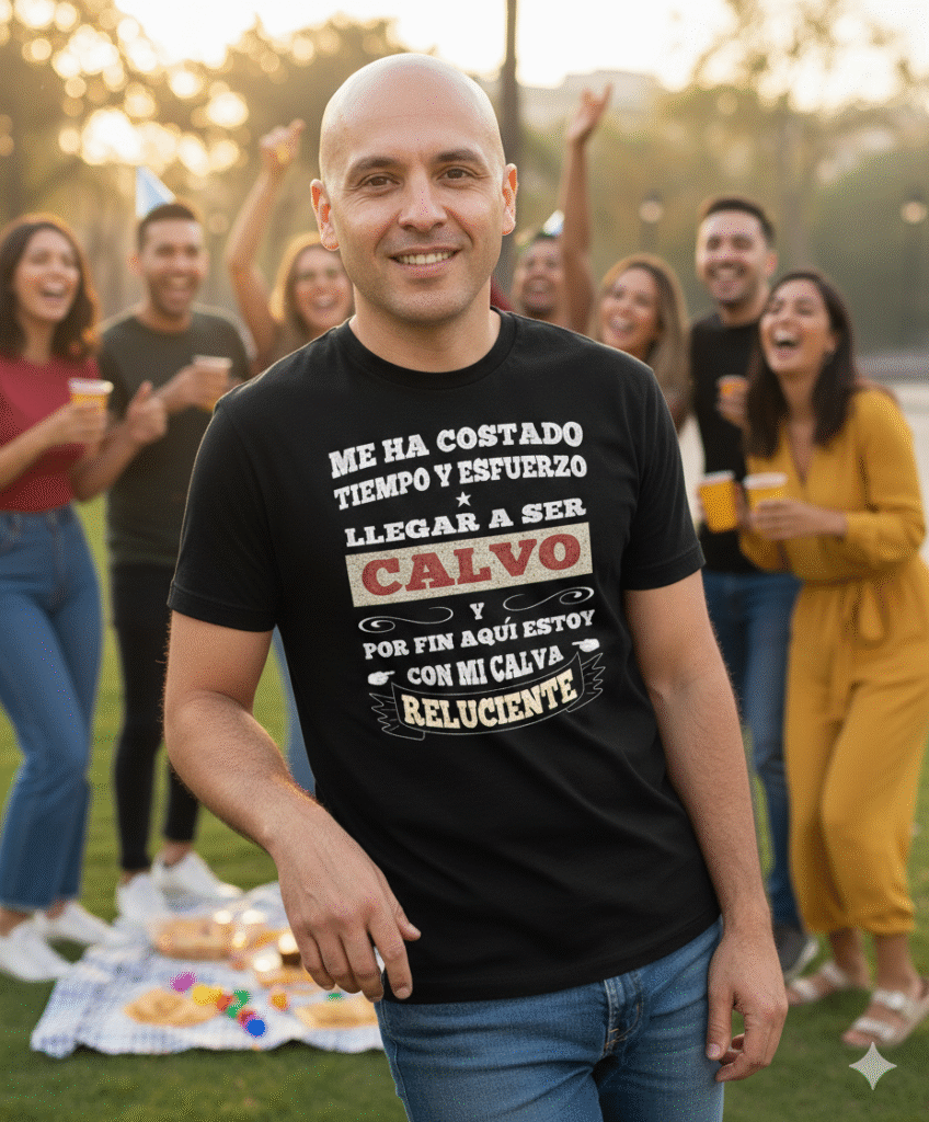 dame el alt Un hombre de unos 35 años, calvo pero con algo de pelo a los lados, está apoyado en un banco al aire libre. Lleva una camiseta negra con el mensaje "ME HA COSTADO TIEMPO Y ESFUERZO LLEGAR A SER CALVO Y POR FIN AQUÍ ESTOY CON MI CALVA RELUCIENTE". Detrás de él, hay un grupo de amigos celebrando una fiesta en un parque, con un picnic en el suelo y algunas personas con gorros de fiesta, todos riendo y disfrutando.