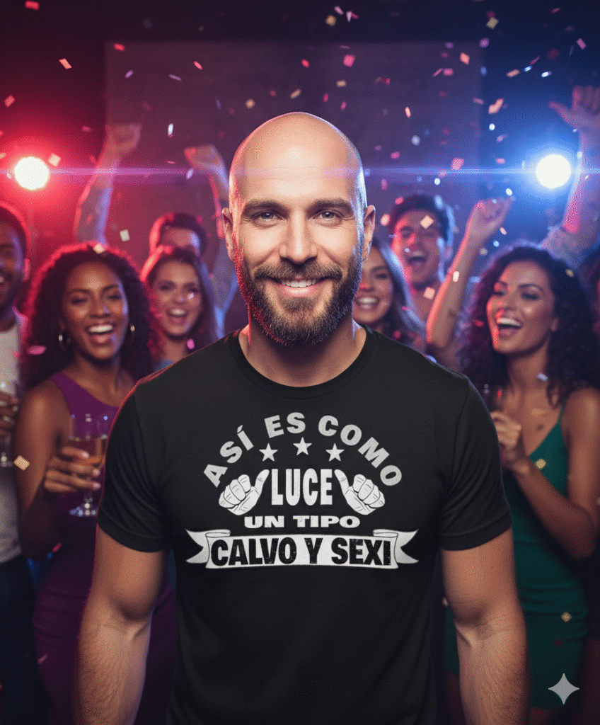 Un hombre calvo y barbudo, con una gran sonrisa, mira directamente a la cámara. Viste una camiseta negra con el mensaje "ASÍ ES COMO LUCE UN TIPO CALVO Y SEXY", adornado con estrellas y dos pulgares hacia arriba. Se encuentra en el centro de una fiesta vibrante, con luces de colores neón y confeti cayendo. Detrás de él, sus amigos ríen y celebran, creando un ambiente alegre y festivo.
